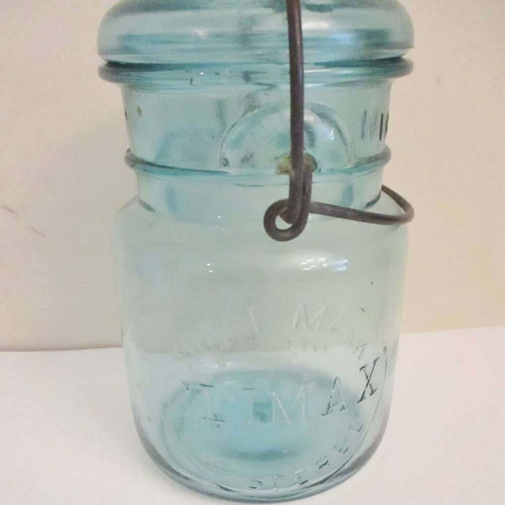 Vintage CLIMAX Clear Blue Aqua Glass Mason Style Jar, Wire Bale, Glass Lid